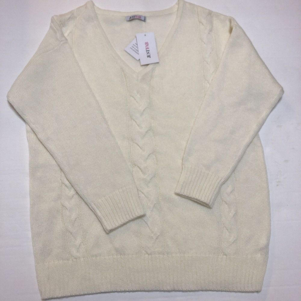 Just‎ Fab Ivory Cable Knit V-Neck V-neck Long Sleeve Sweater  Size large